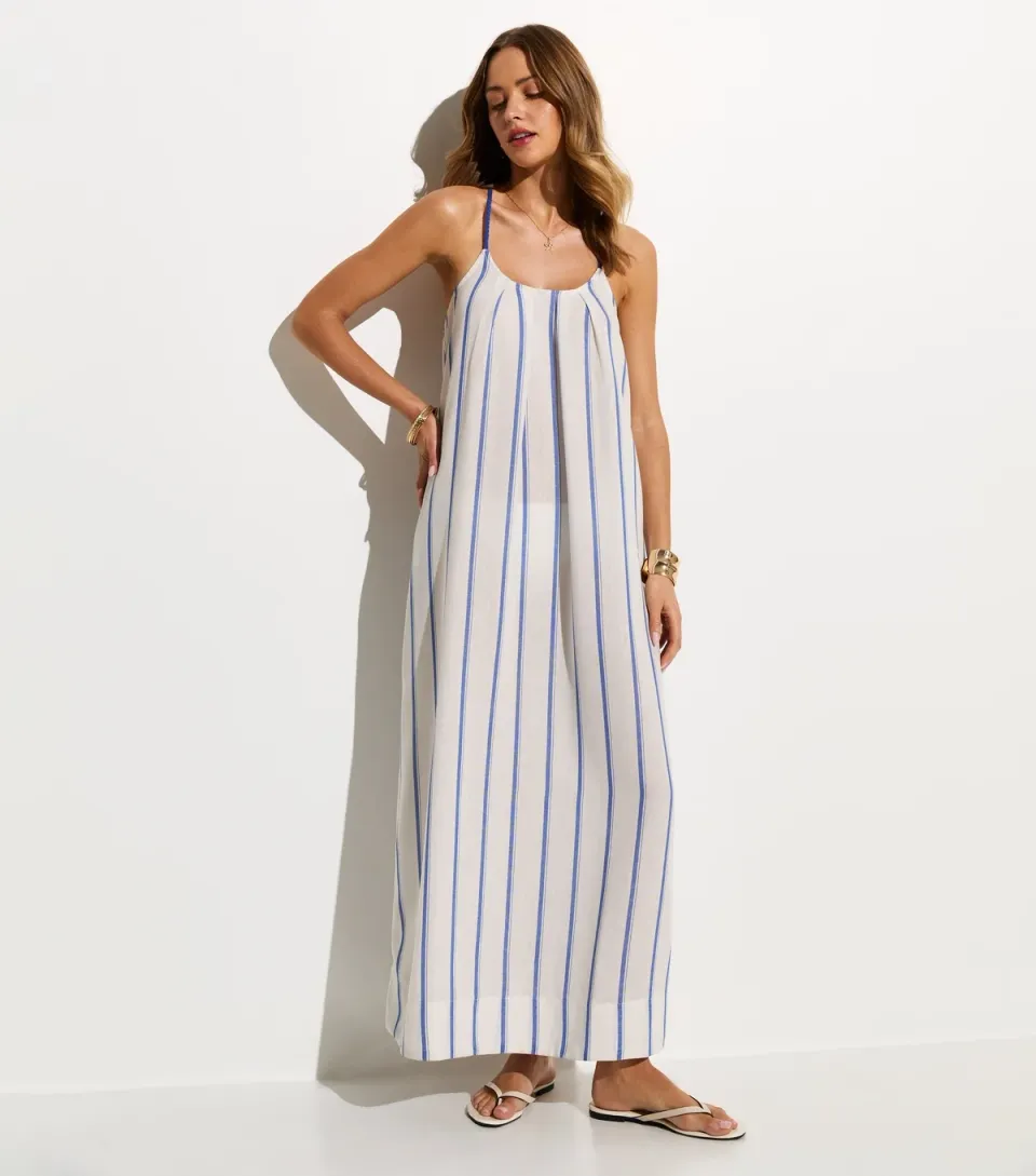 Women's Blue Striped Tie Back Beach Maxi Dress