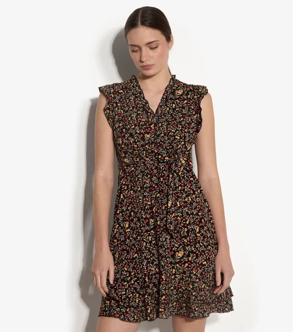 Women's Black Flower Print Ruffle Trim Mini Dress