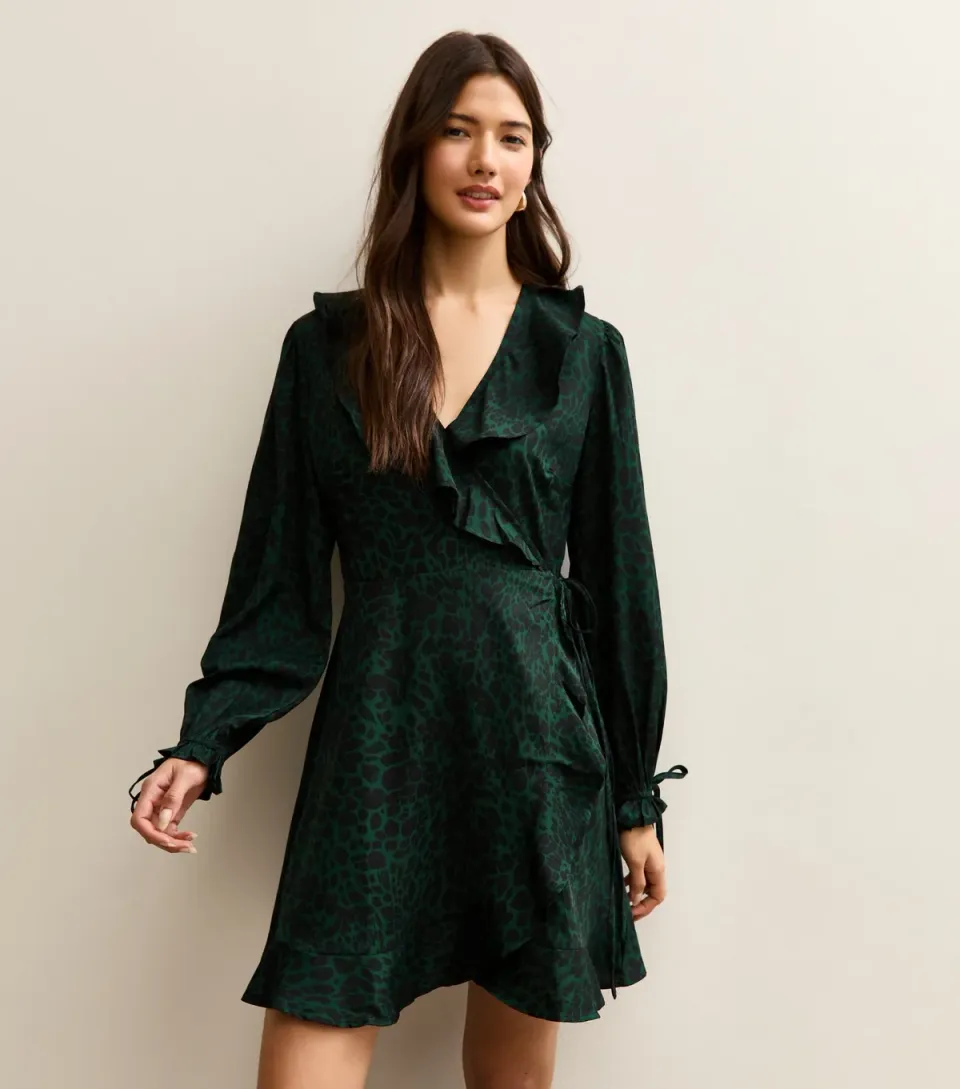 Women's Dark Green Animal Print Ruffled Crepe Mini Wrap Dress