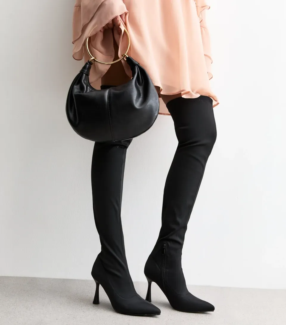 Women's Truffle Black Heeled Over The Knee Boots