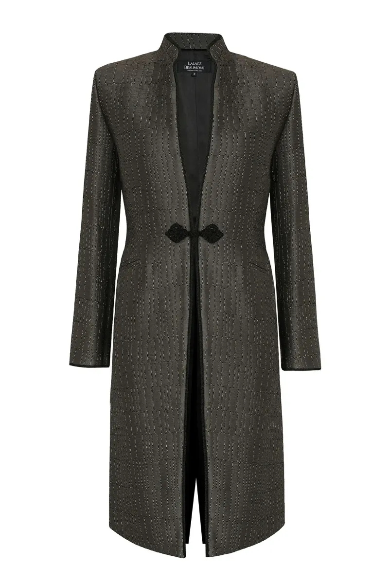 Vicky Coat in Olive with Gold and Black Ribbon Jacquard