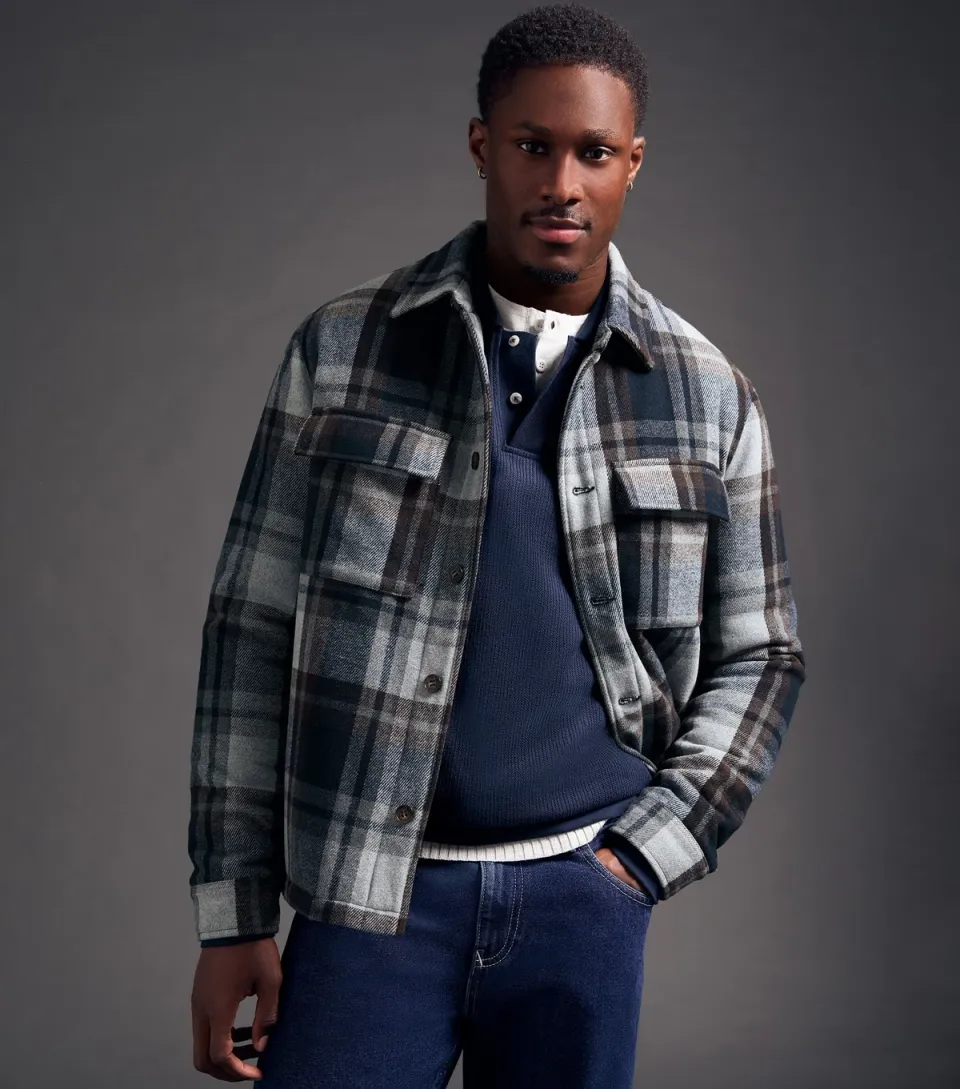 Men's Blue Plaid Front Pocket Padded Shacket