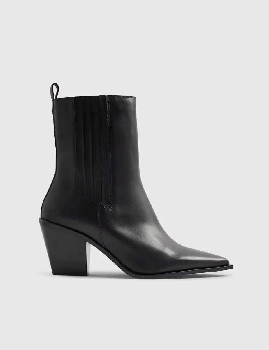 Leather Western Block Heel Ankle Boots