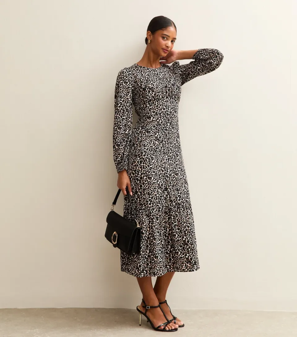 Women's Brown Crepe Long Sleeve Animal Print Midi Dress