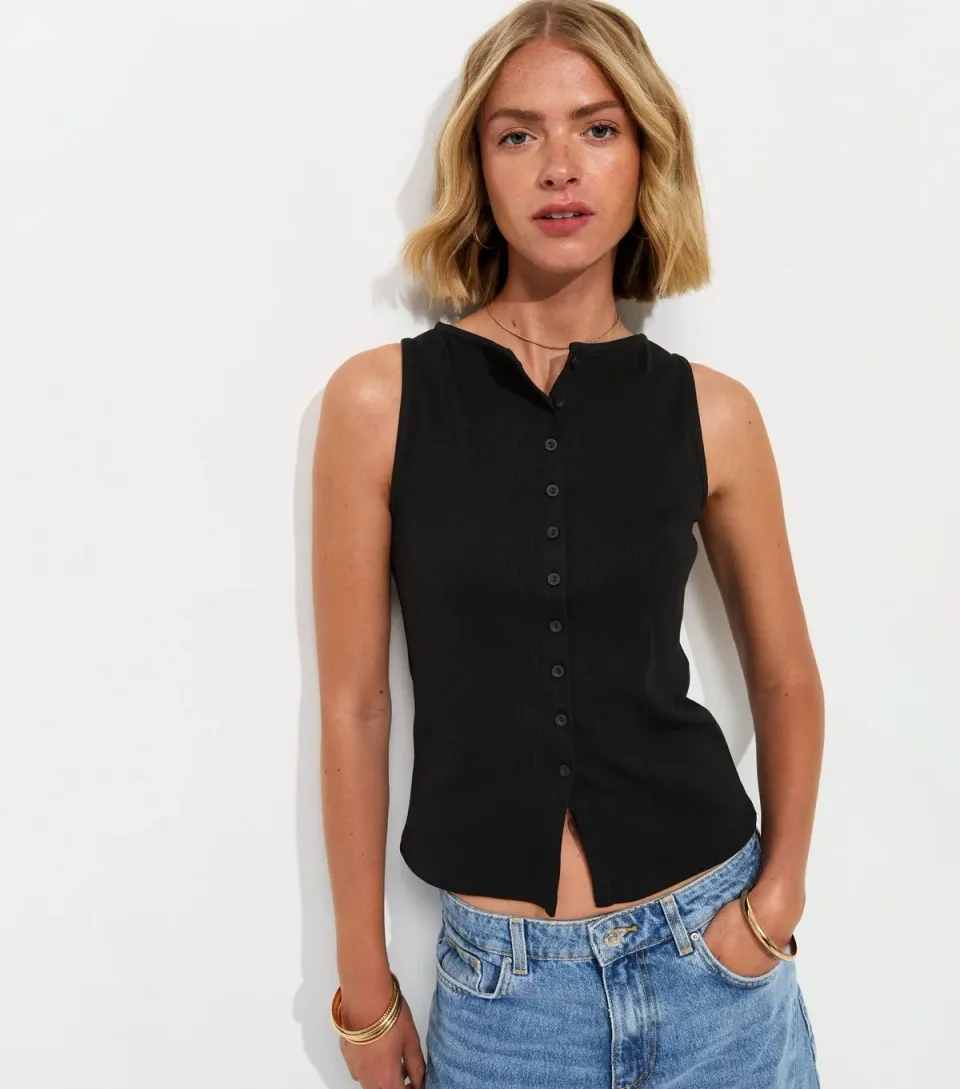 Women's Black Cotton Rich Button Through Tank Top