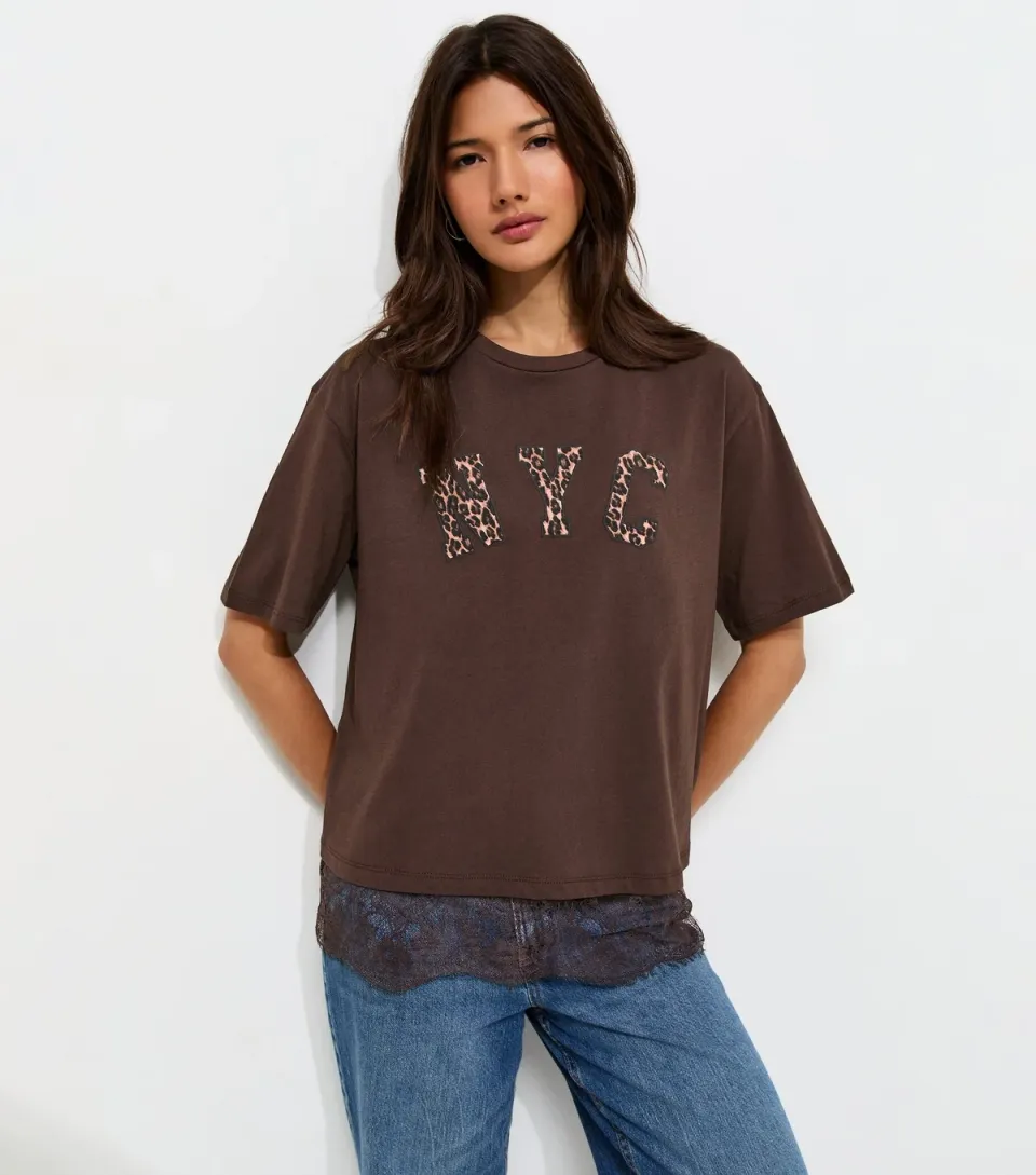 Women's Dark Brown Cotton Leopard Print NYC Lace Trim Boxy T-Shirt