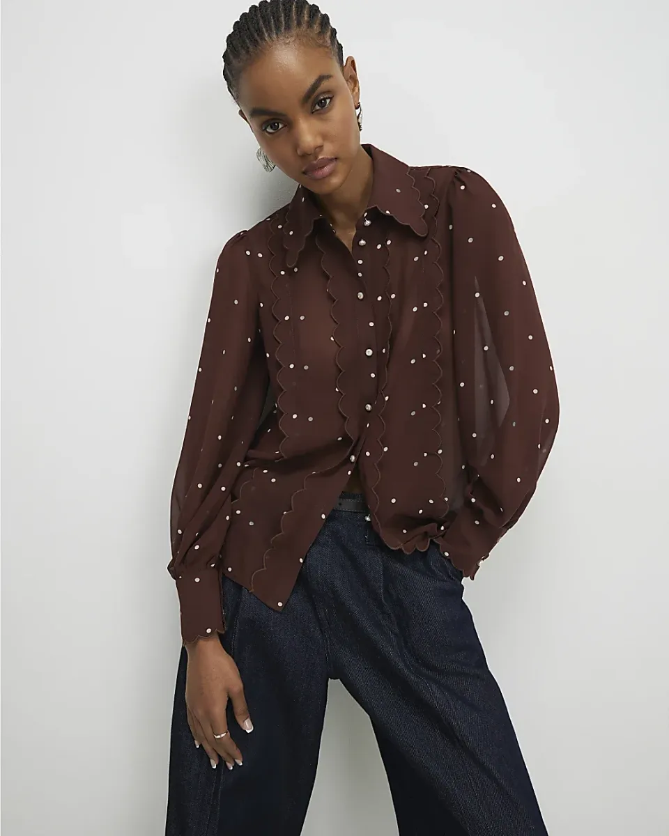 Polka Dot Print Scallop Trim Shirt