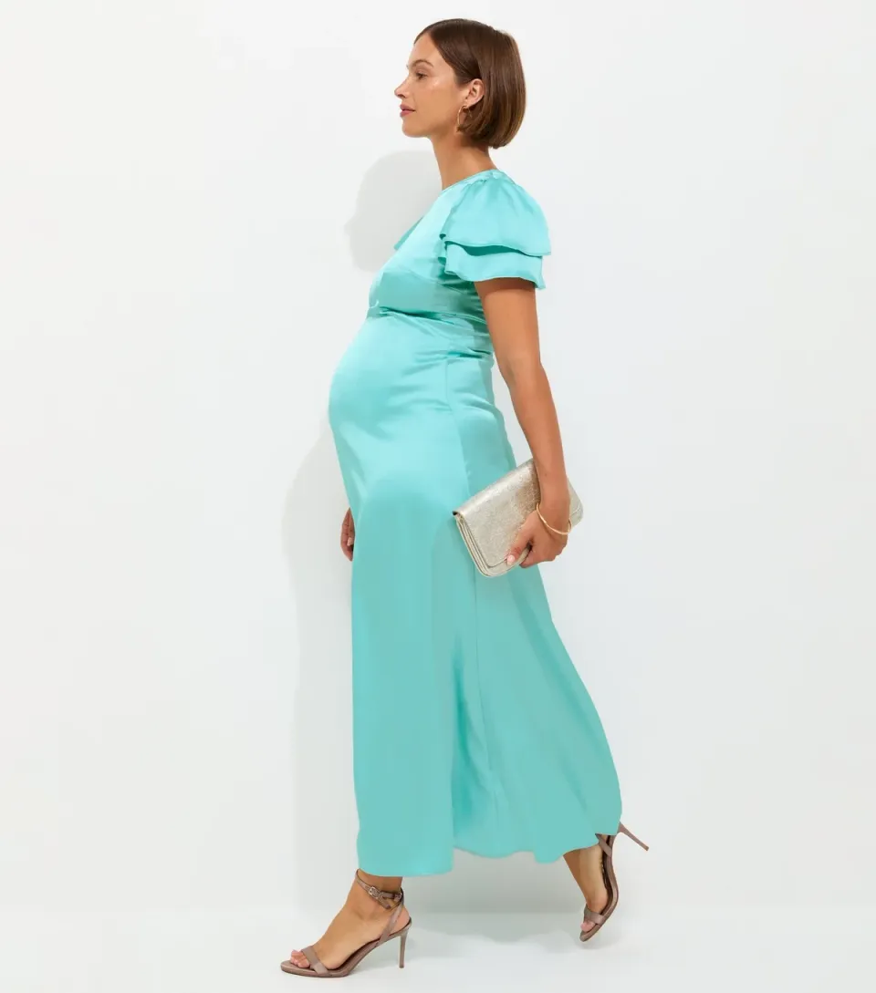 Women's Maternity Light Blue Occasion Frill Flutter Satin Midi Dress