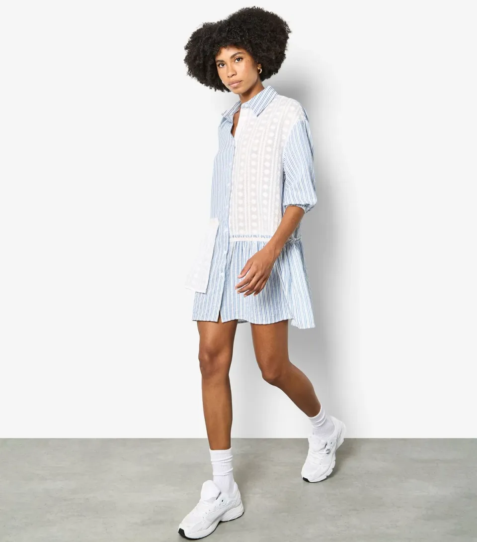 Women's Blue Embroidered Stripe Patchwork Dress
