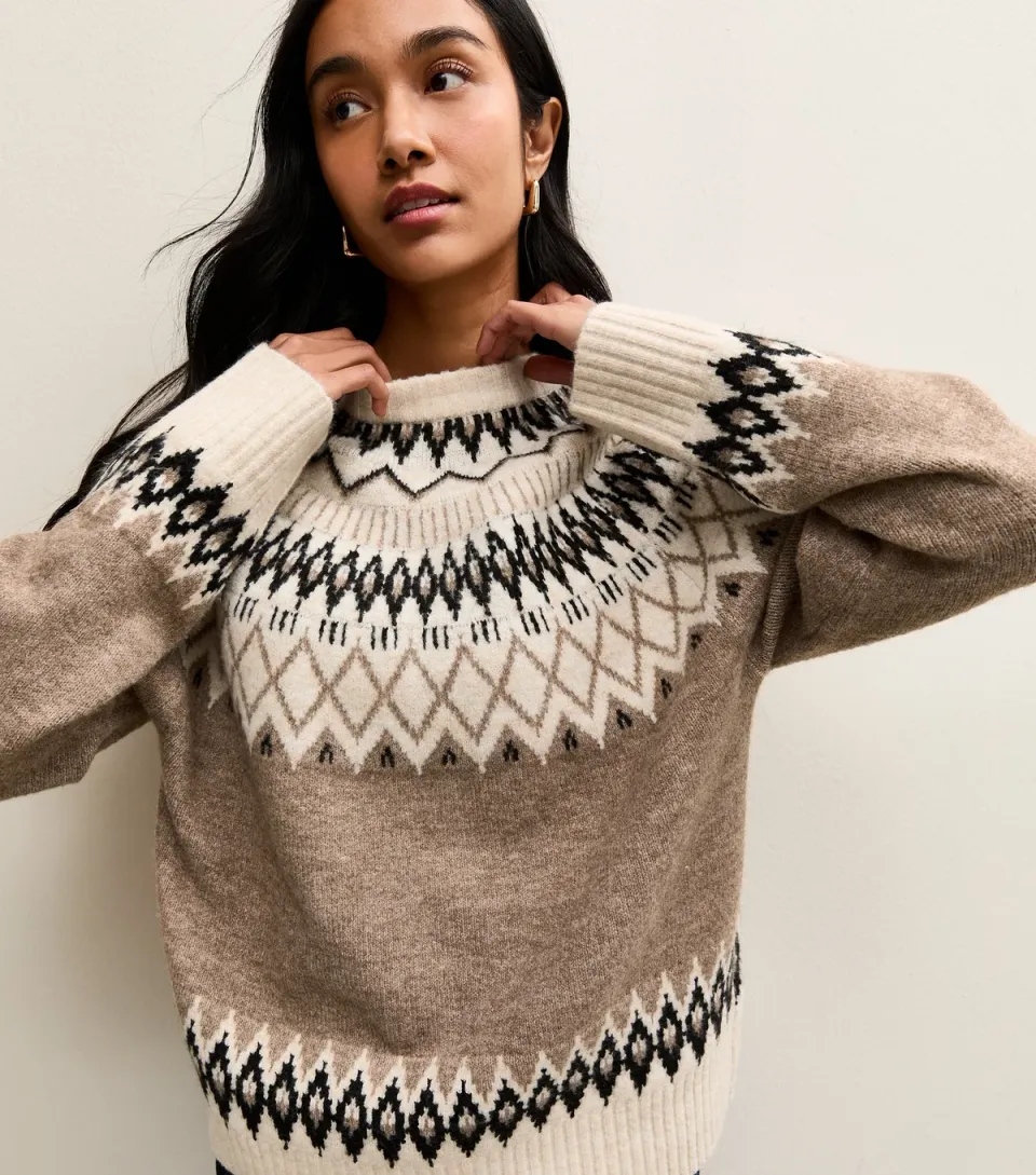 Women's Brown Fairisle Crew Neck Jumper