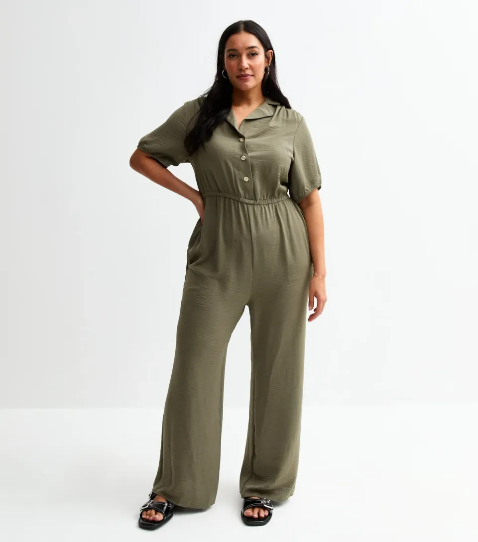 Women's Plus Size Khaki Herringbone Button Front Jumpsuit Curves