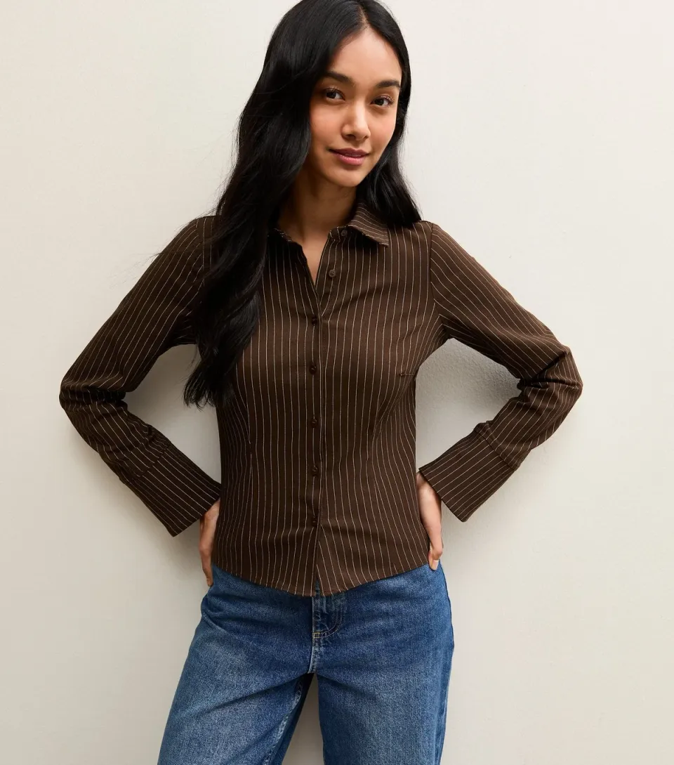 Women's Brown Pinstriped Fitted Long Sleeve Shirt