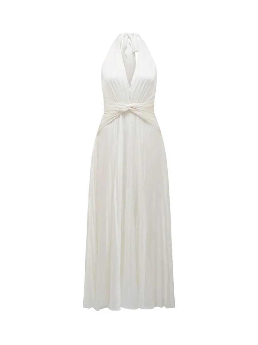 Natasha Pleated Satin Halter Neck Maxi Dress