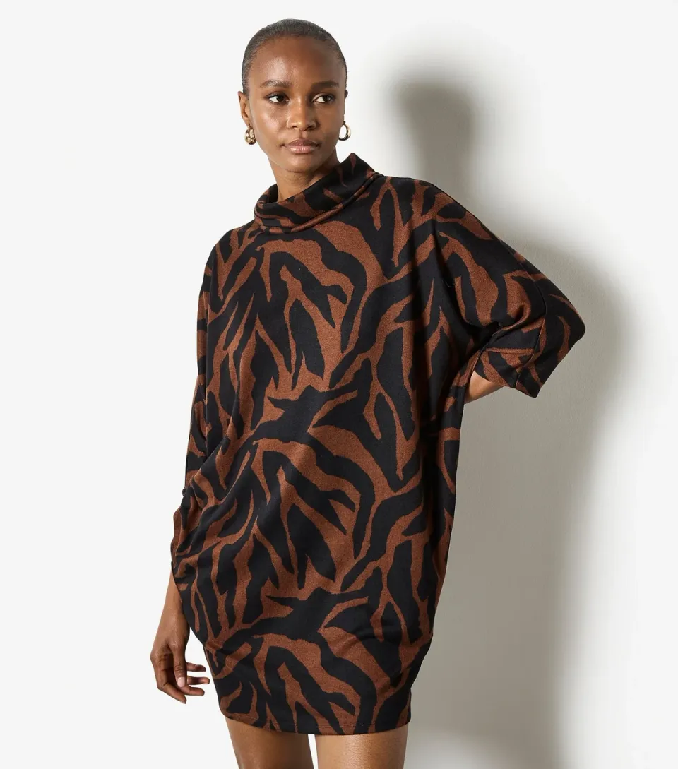 Women's Brown Zebra High Neck Cocoon Dress