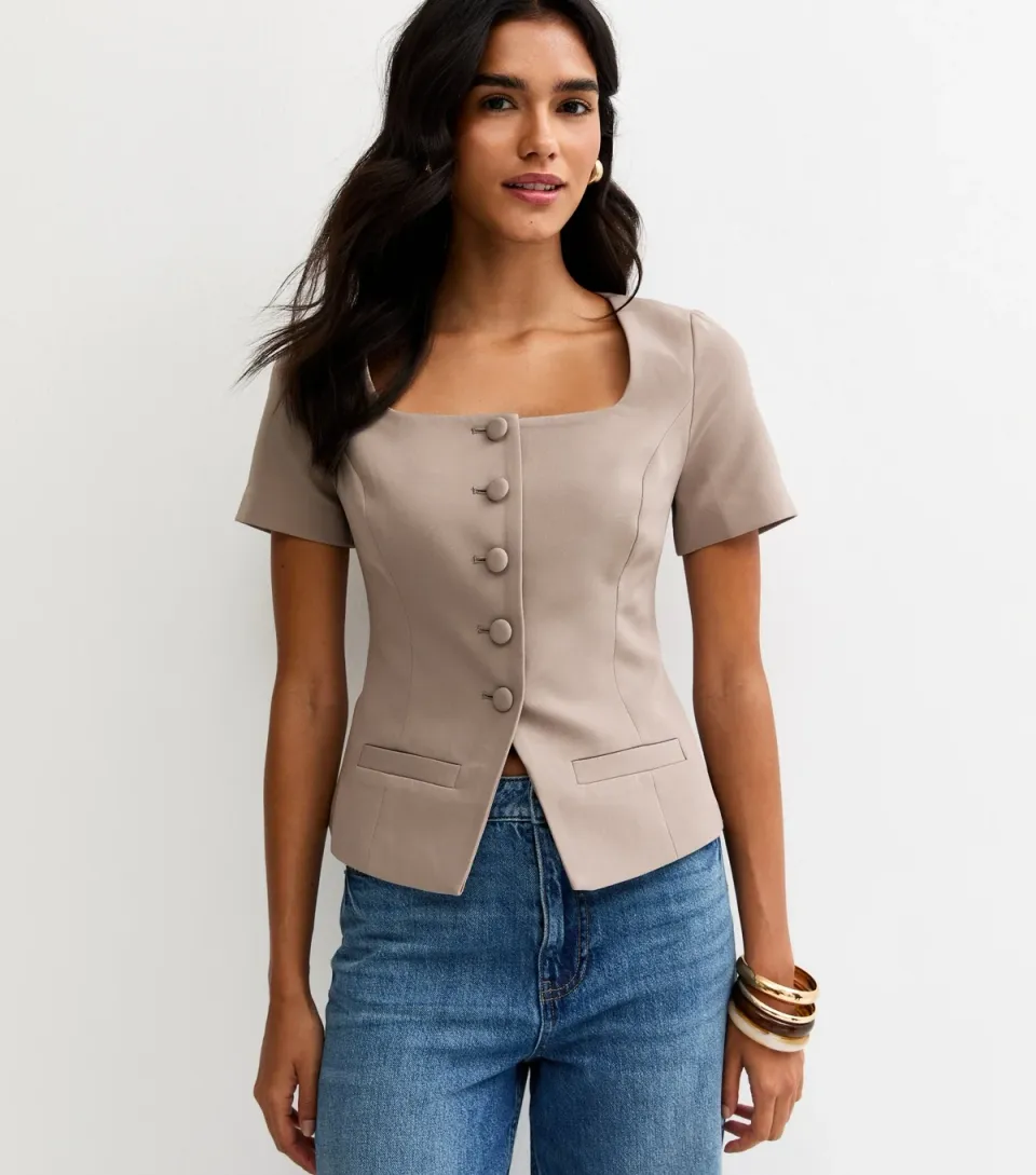 Women's Mink Square Neck Short Sleeve Blazer