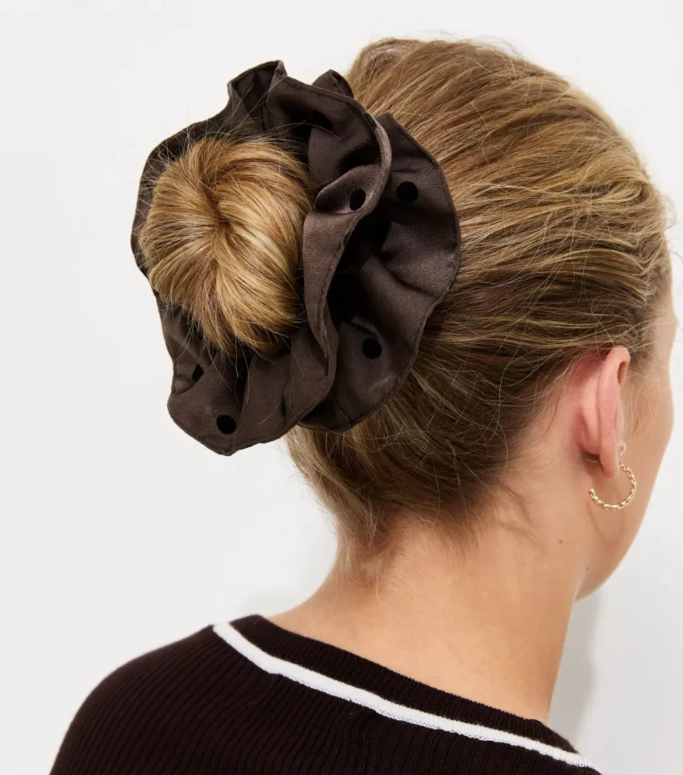 Brown Satin Polka Dot Ruffle Scrunchie