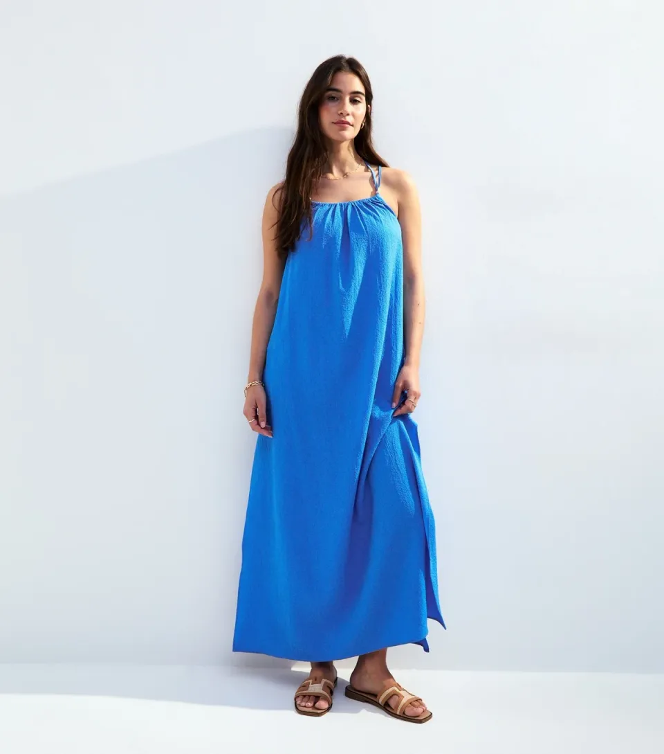 Women's Blue Textured Beaded Strap Beach Maxi Dress