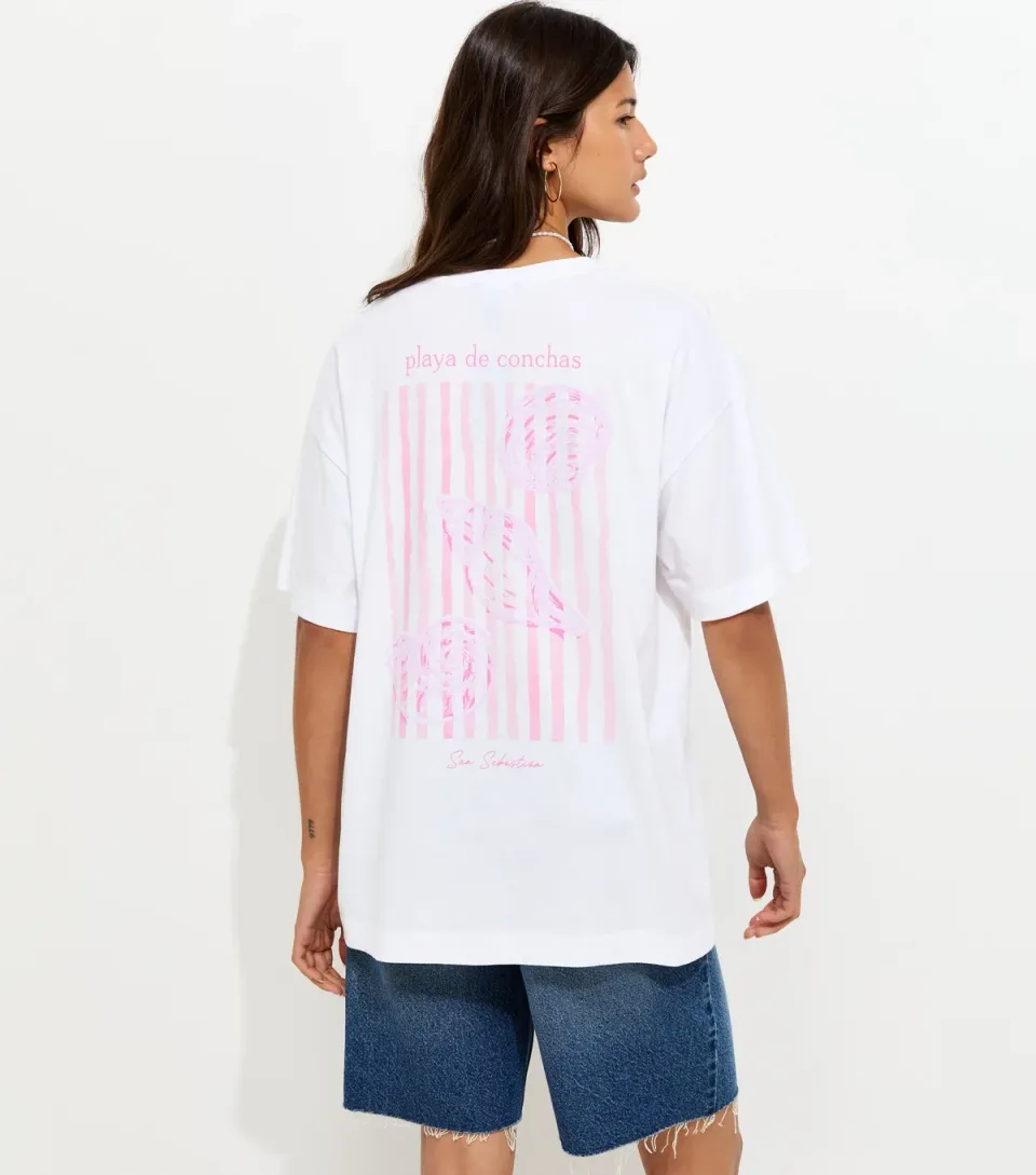 Women's White Cotton Shell Print Oversized T-Shirt