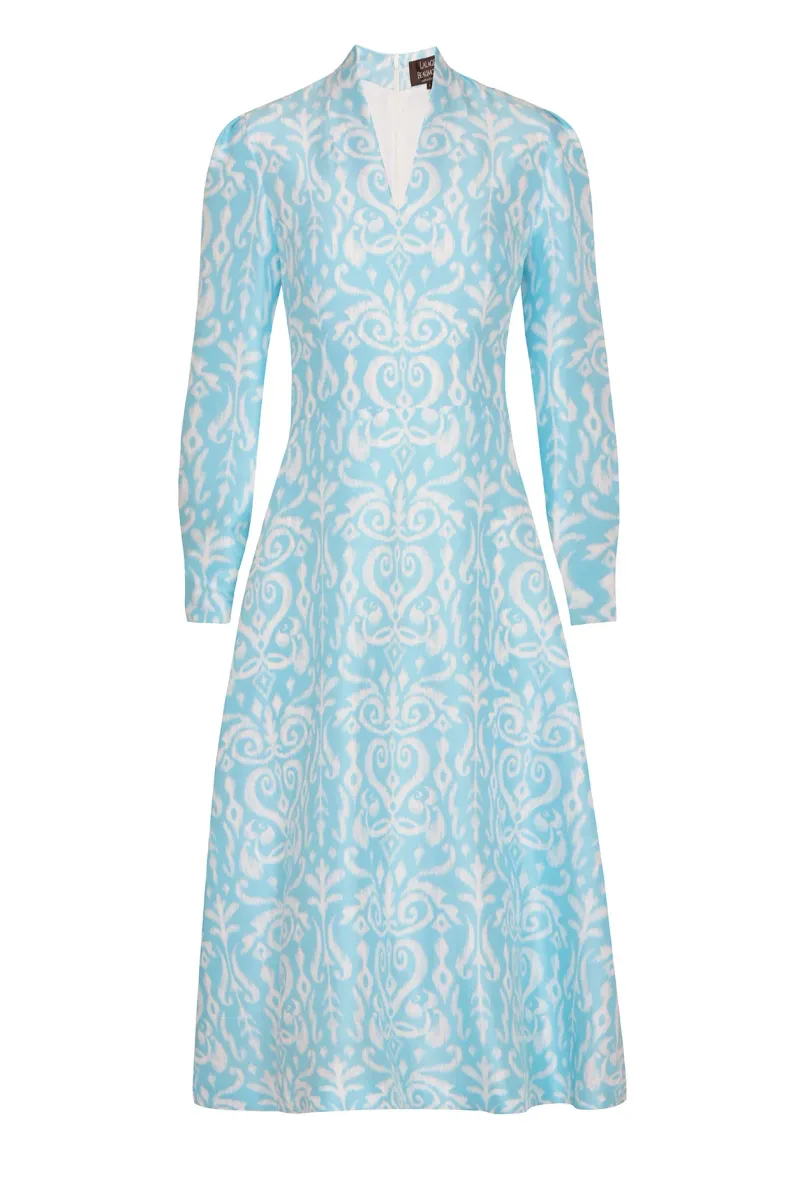 Sophie Dress in Turquoise Ikat Printed Silk Shantung
