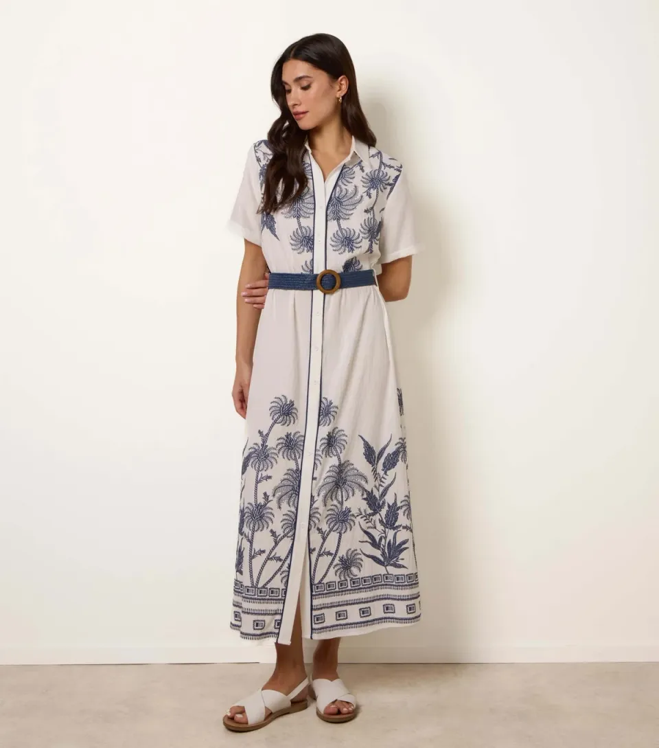 Women's White Embroidered Palm Dress