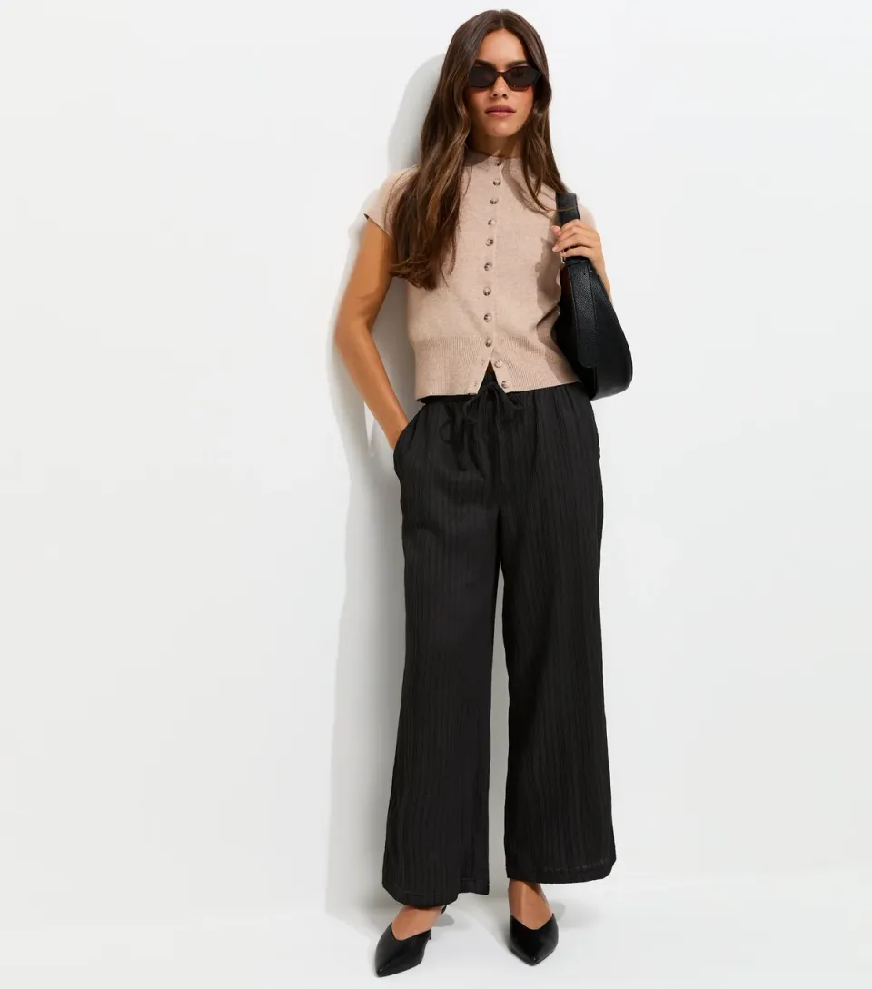 Women's Petite Black Crinkle Jersey Wide Leg Trousers