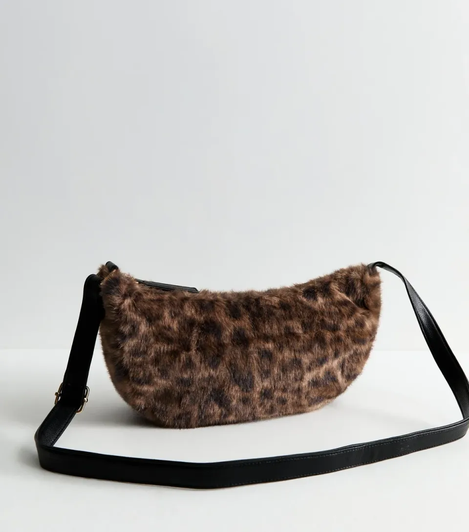 Brown Leopard Print Faux Fur Sling Crossbody Bag