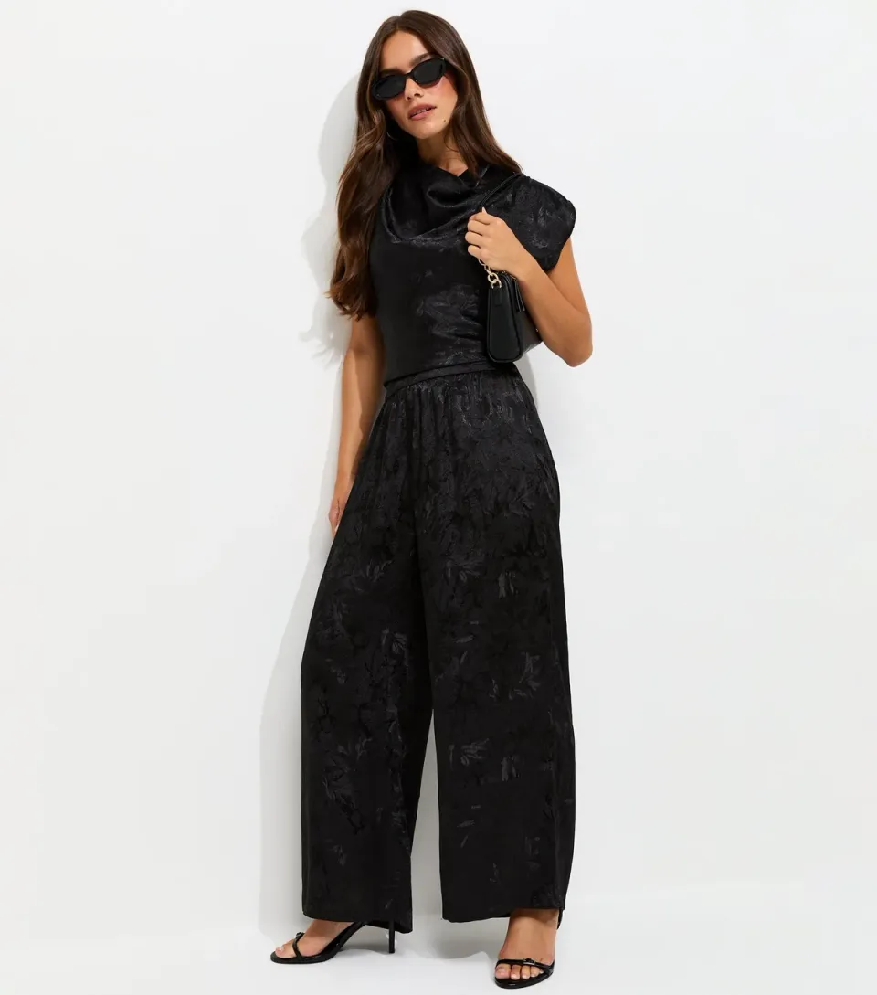 Women's Petite Black Satin Jacquard Wide Leg Trousers