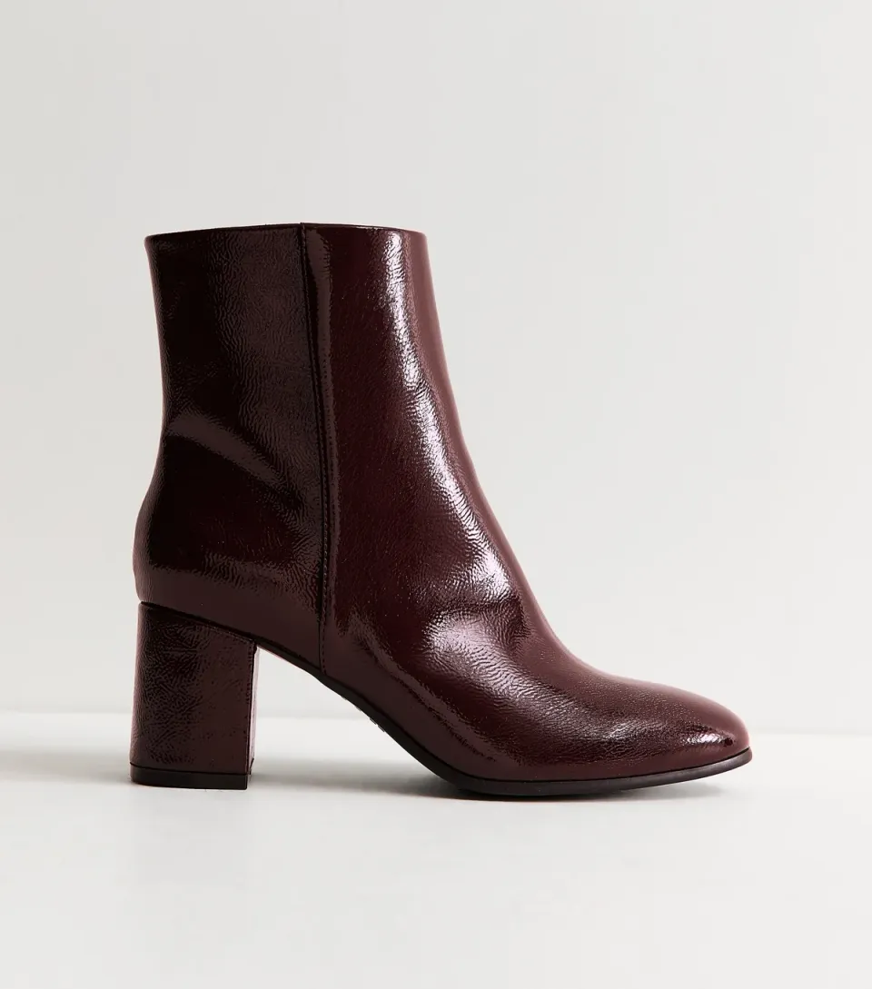 Women's Wide Fit Dark Burgundy Patent Faux Leather Block Heel Ankle Boots Vegan