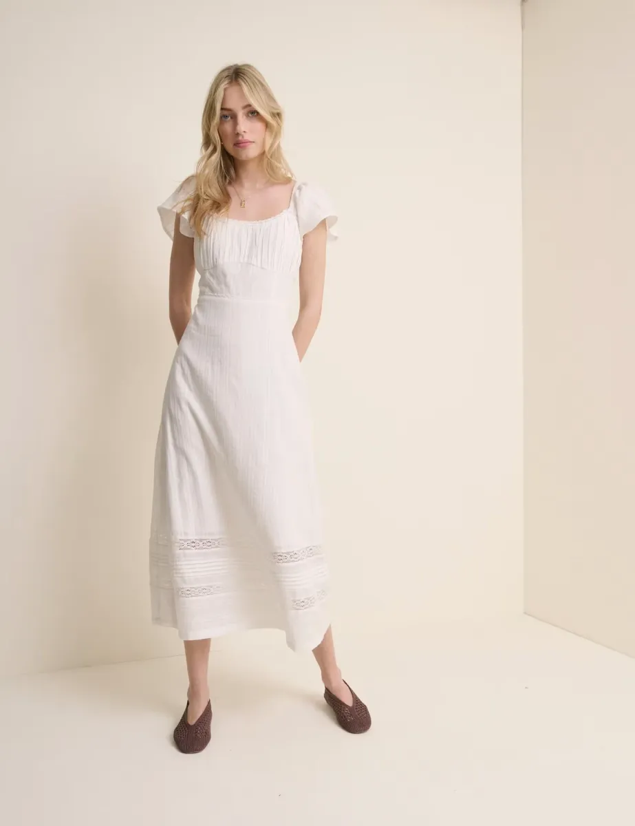 Pure Cotton Lace Insert Midi Waisted Dress White