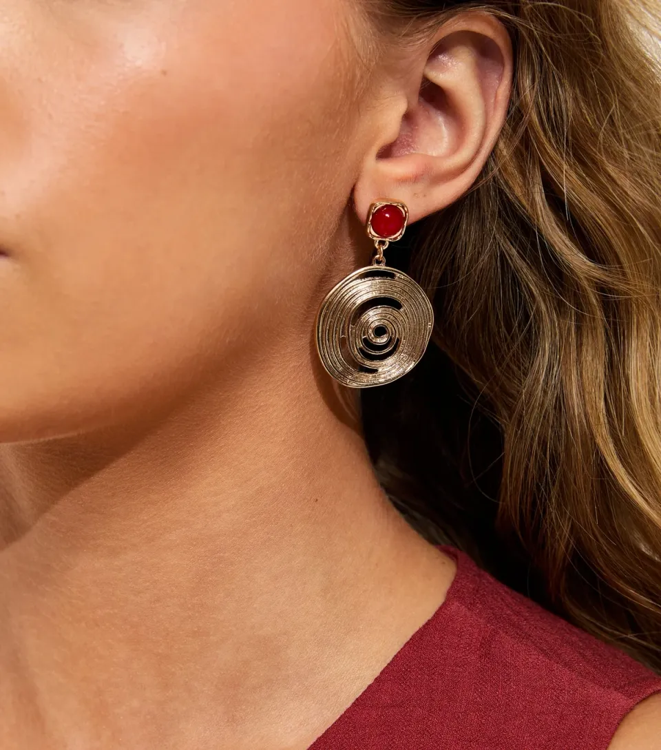 Gold Tone Swirly Circle Drop Earrings