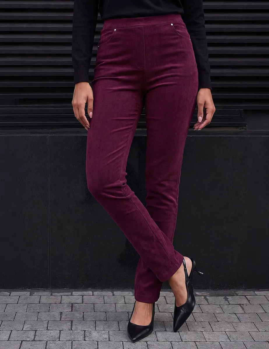 Cord Straight Leg Trousers Burgundy Mix