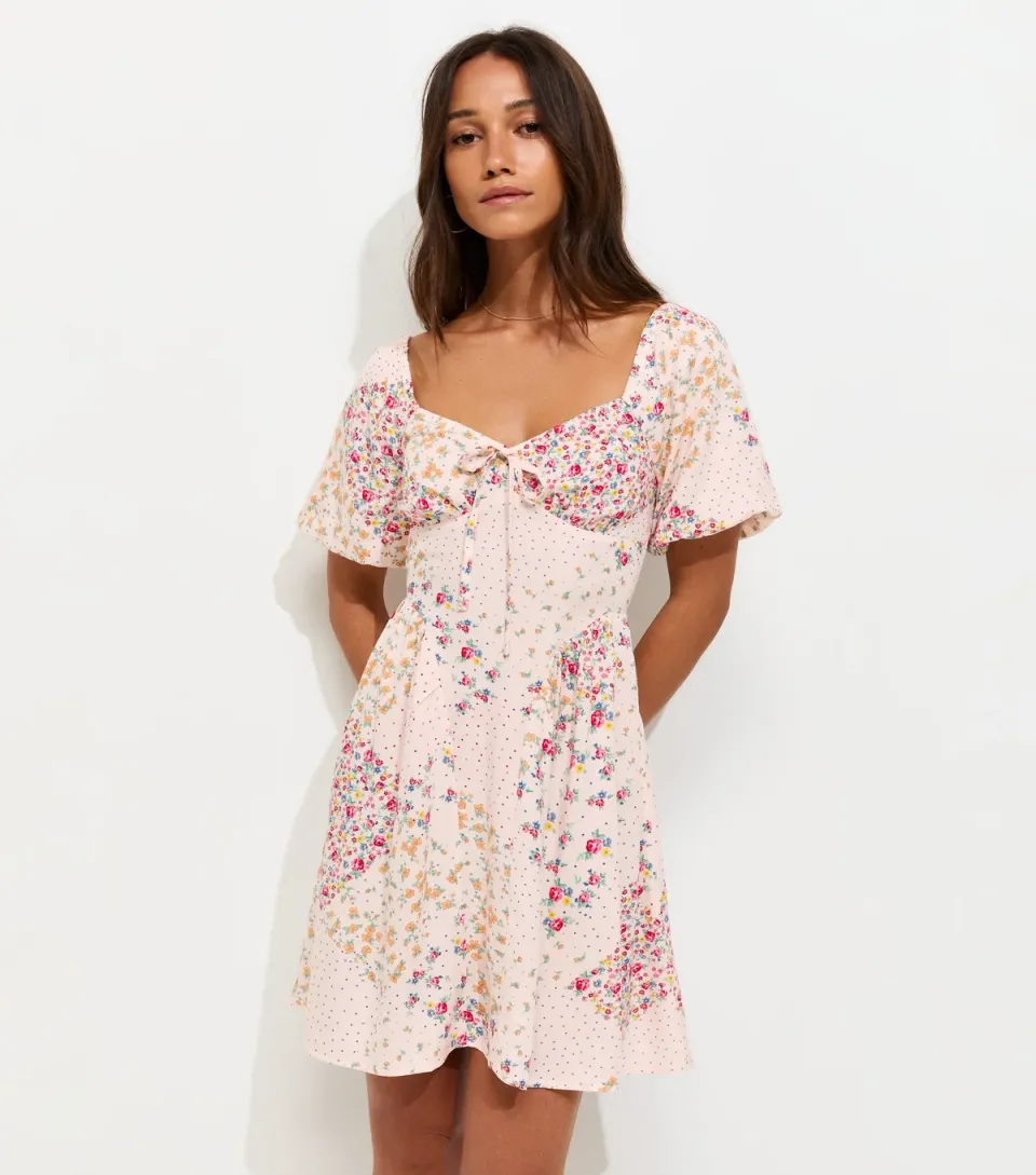 Women's Cream Floral Patchwork Print Milkmaid Mini Dress