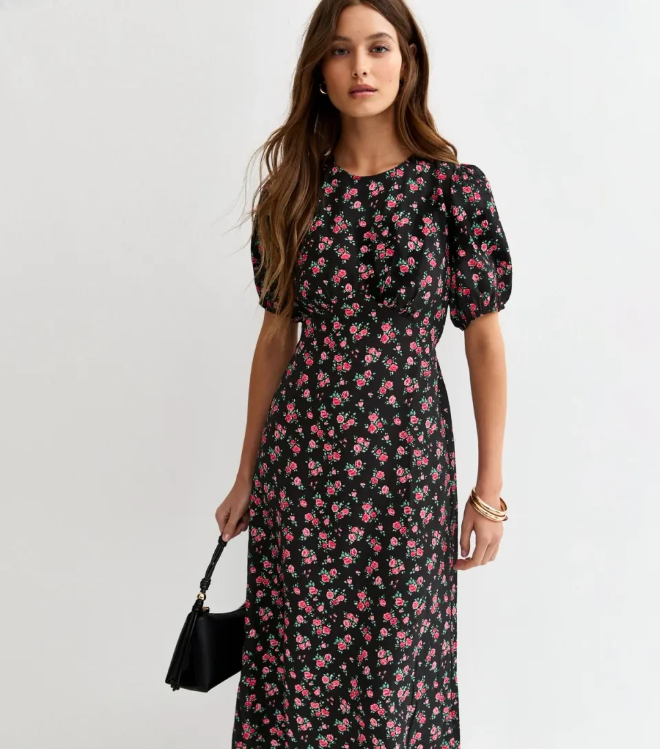 Women's Black Ditsy Floral A-line Midi Dress