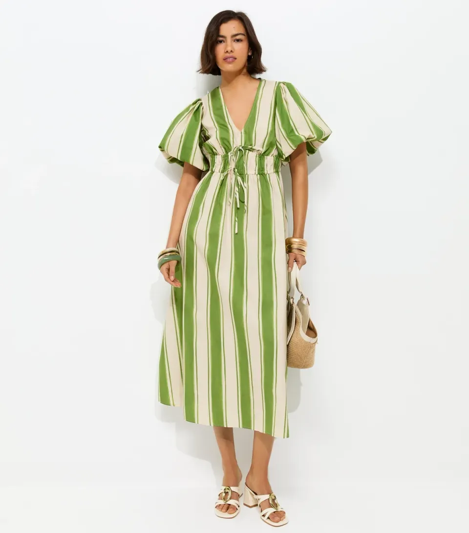 Women's Green Striped Puff Sleeve Midi Dress
