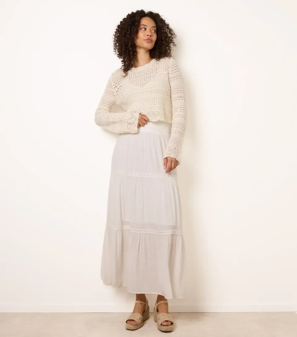 Women's White Crochet Lace Trim Maxi Skirt