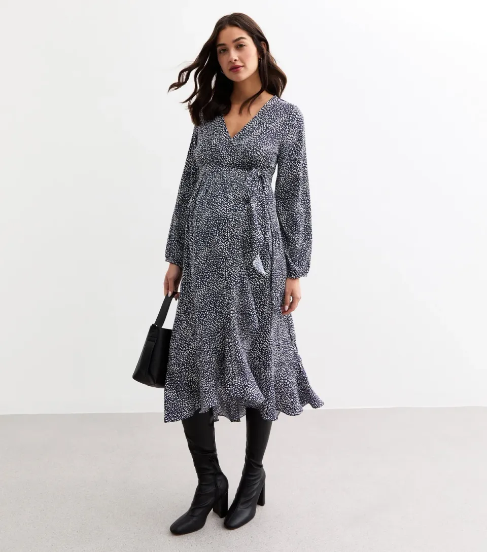 Women's Maternity Blue Frill Trim Wrap Midi Dress