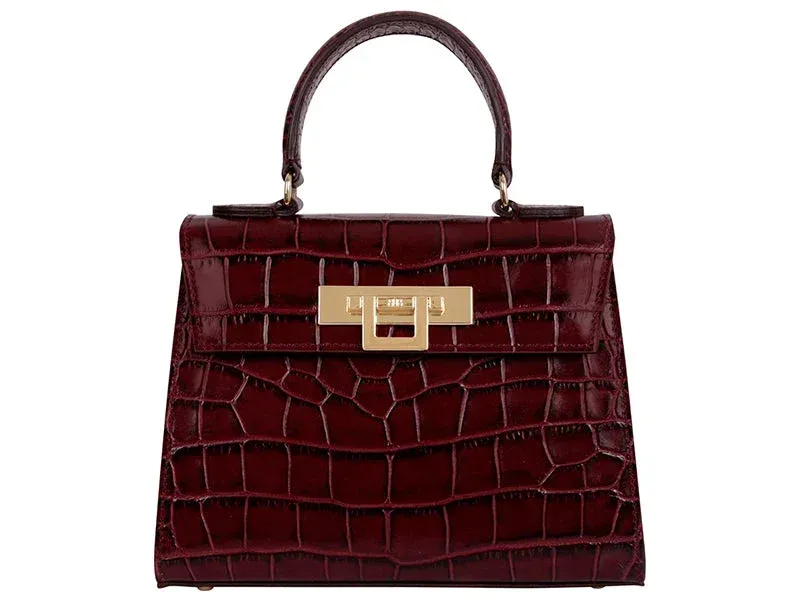 Fonteyn Midi Orinoco 'Croc' Print Calf Leather Handbag - Wine - 2