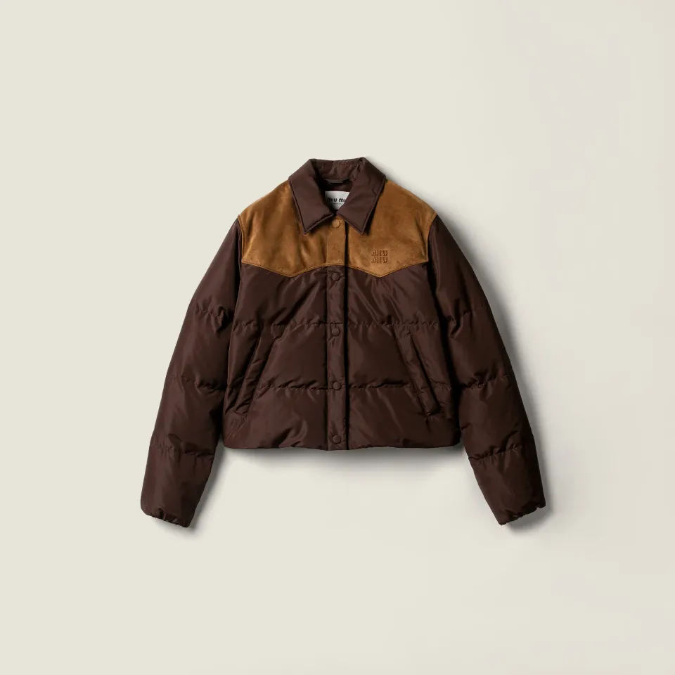 Technical pongé and leather down jacket