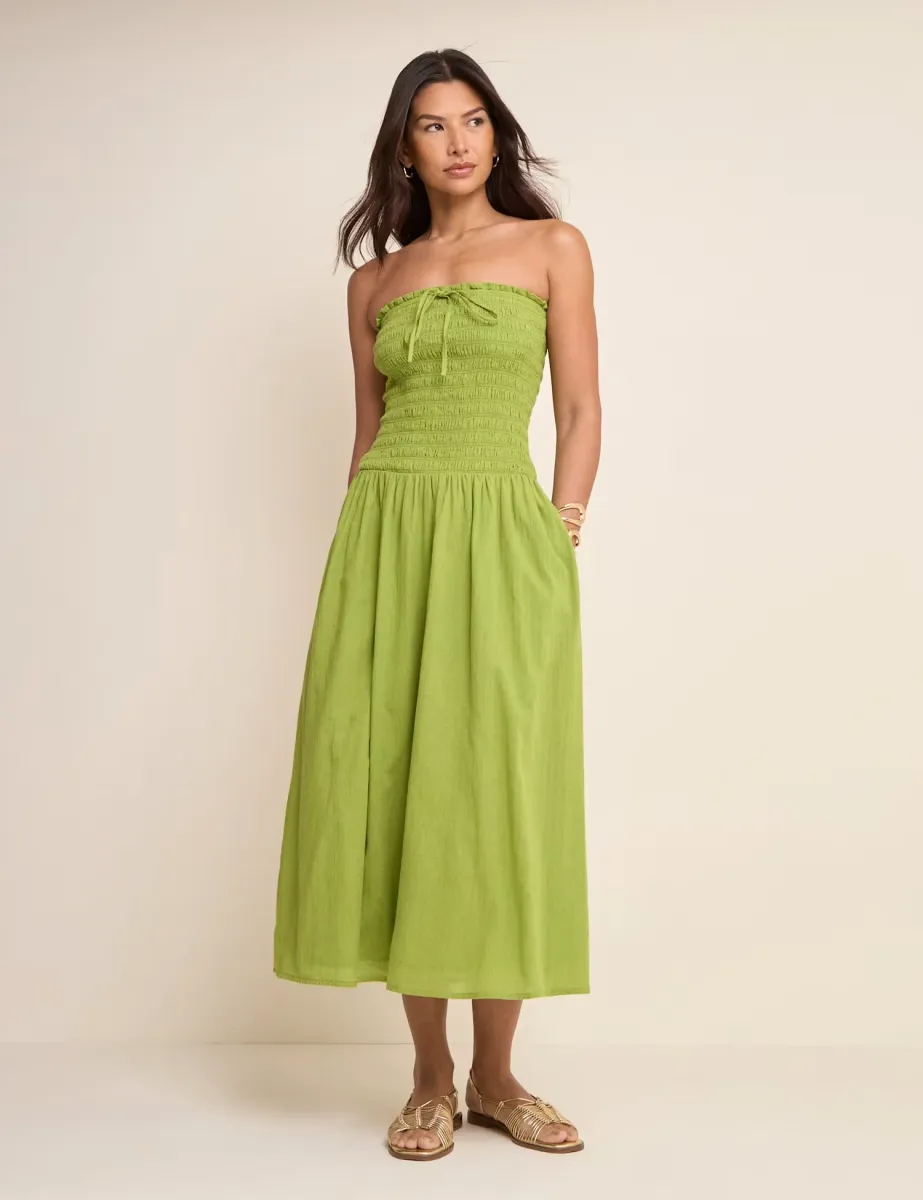 Pure Cotton Bandeau Midi Shirred Dress Green