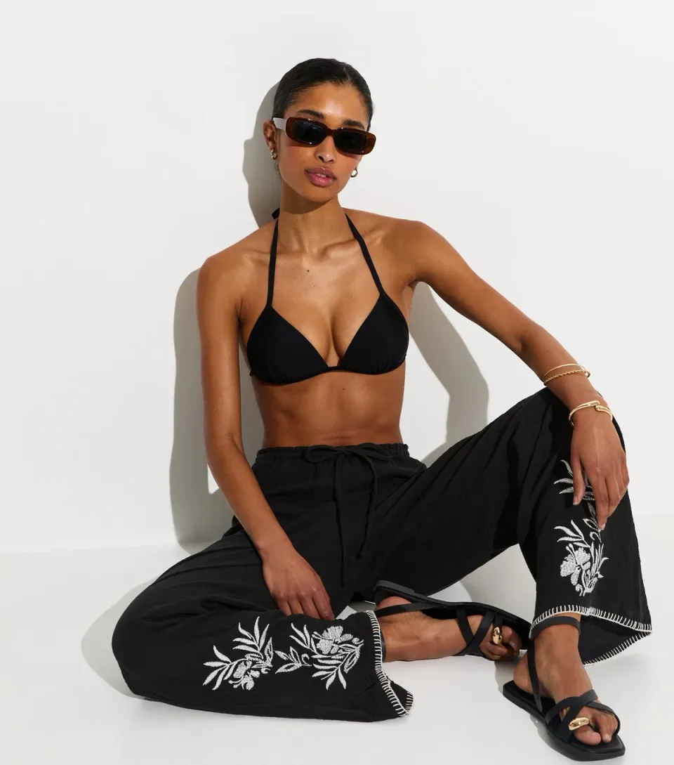 Women's Black Palm Embroidered Trousers
