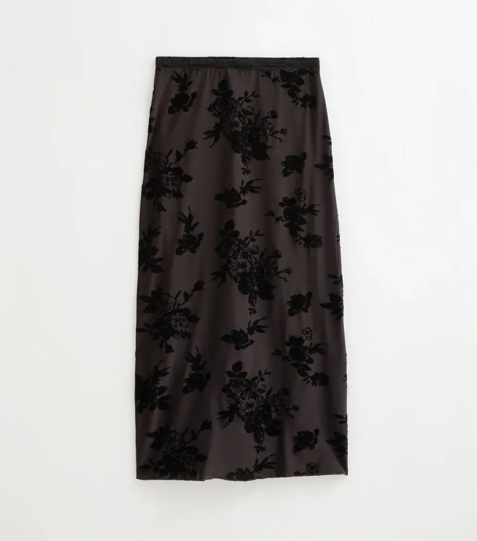Women's Petite Black Flocked Lace Mesh Midi Skirt