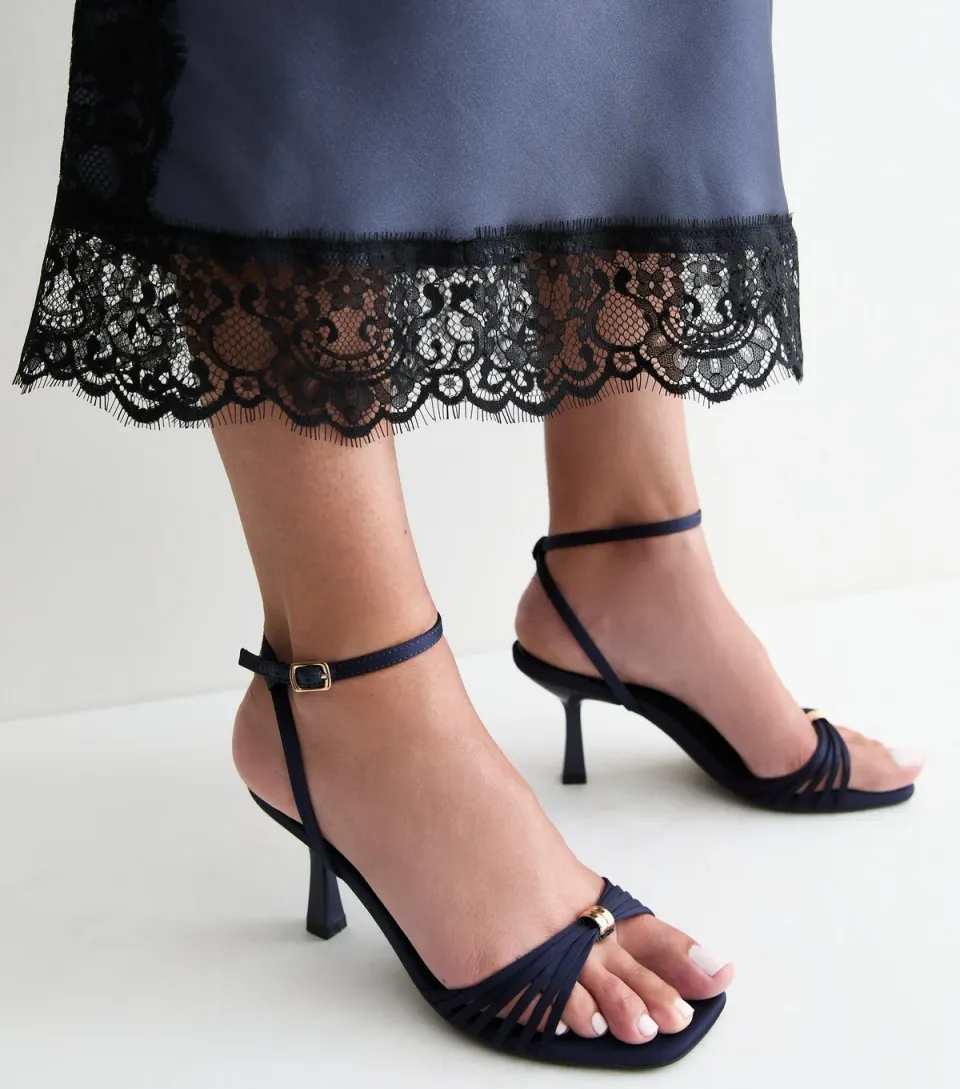 Women's Navy Satin Multi Strap Stiletto Heel Sandals Vegan