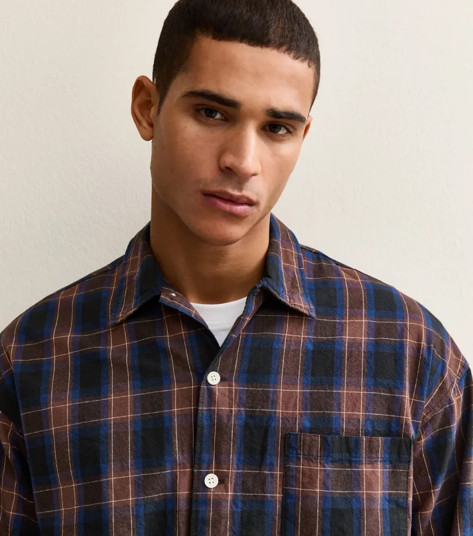Men's Dark Blue Boxy Long Sleeve Checked Shirt