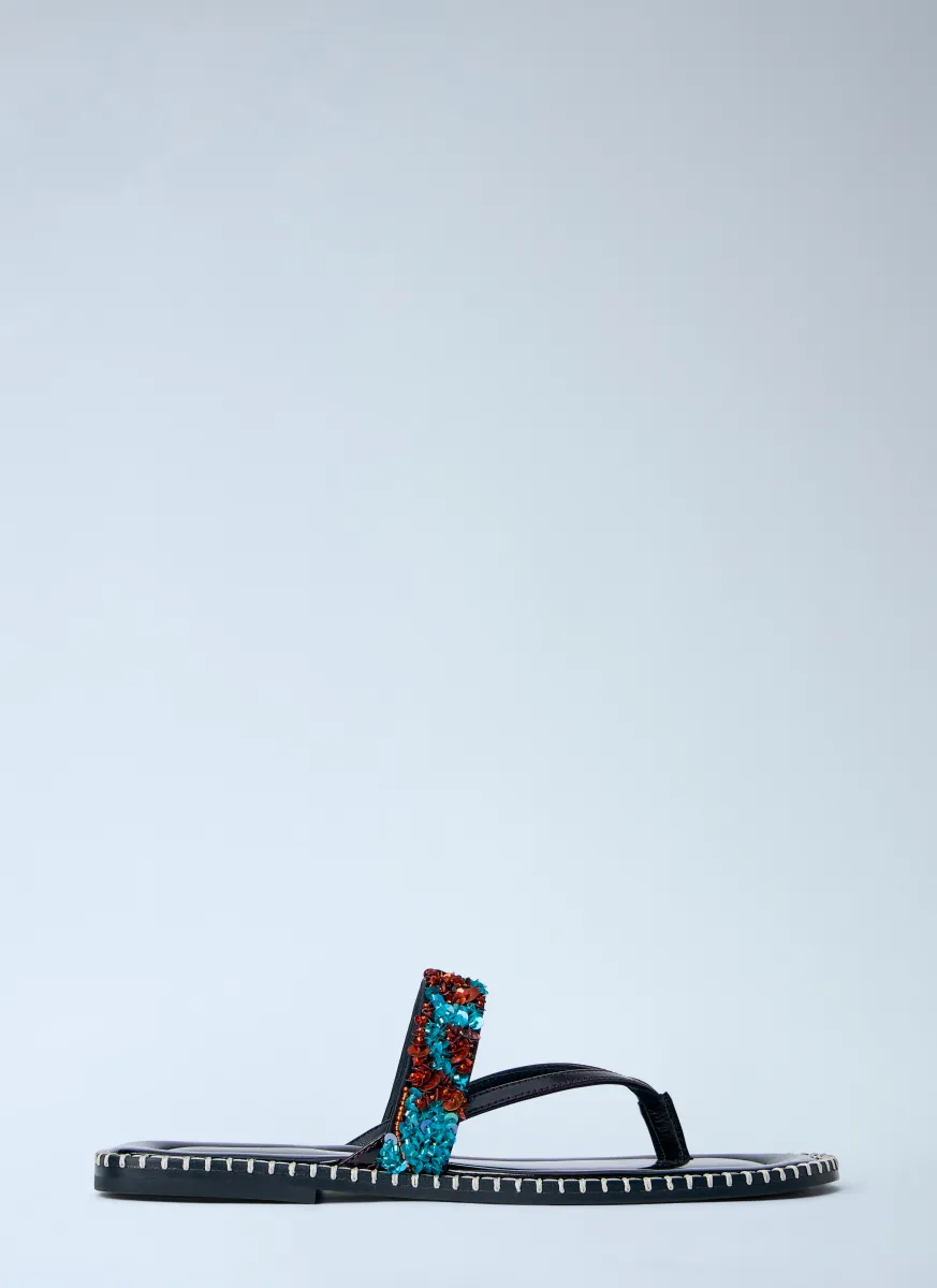 Embellished Whipstitched Leather Sandals