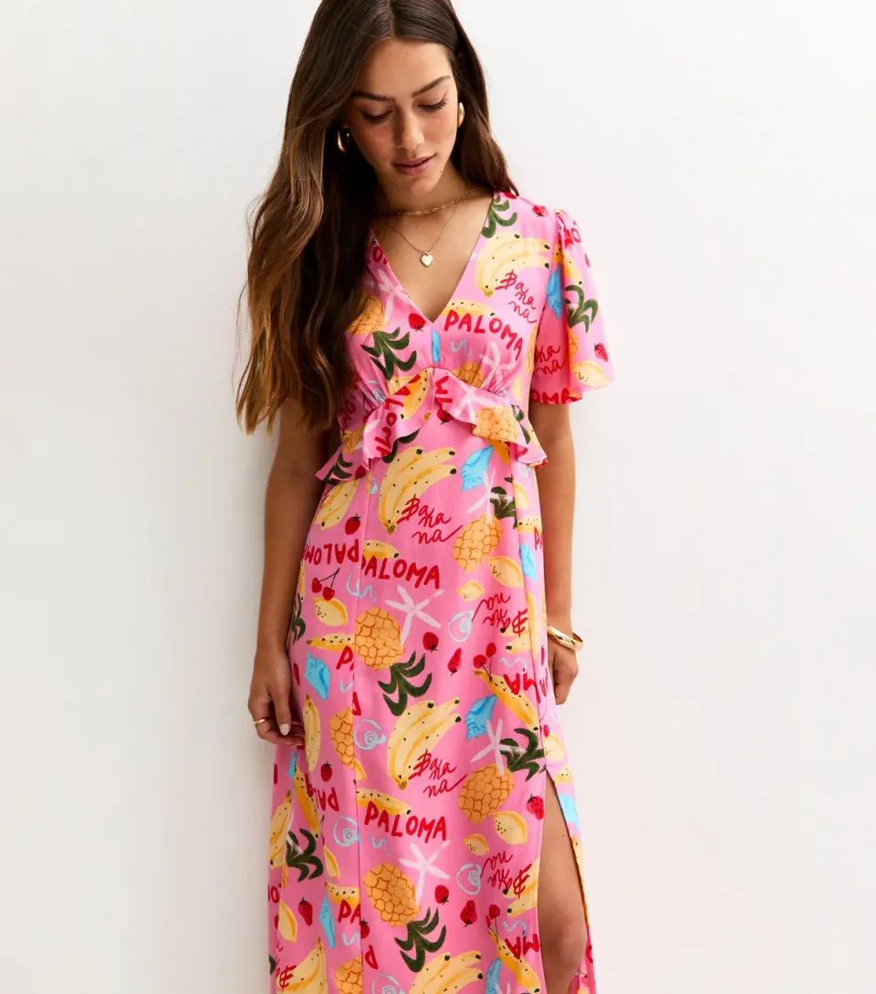 Women's Petite Pink Fruit Print Ruffle Trim Midi Dress