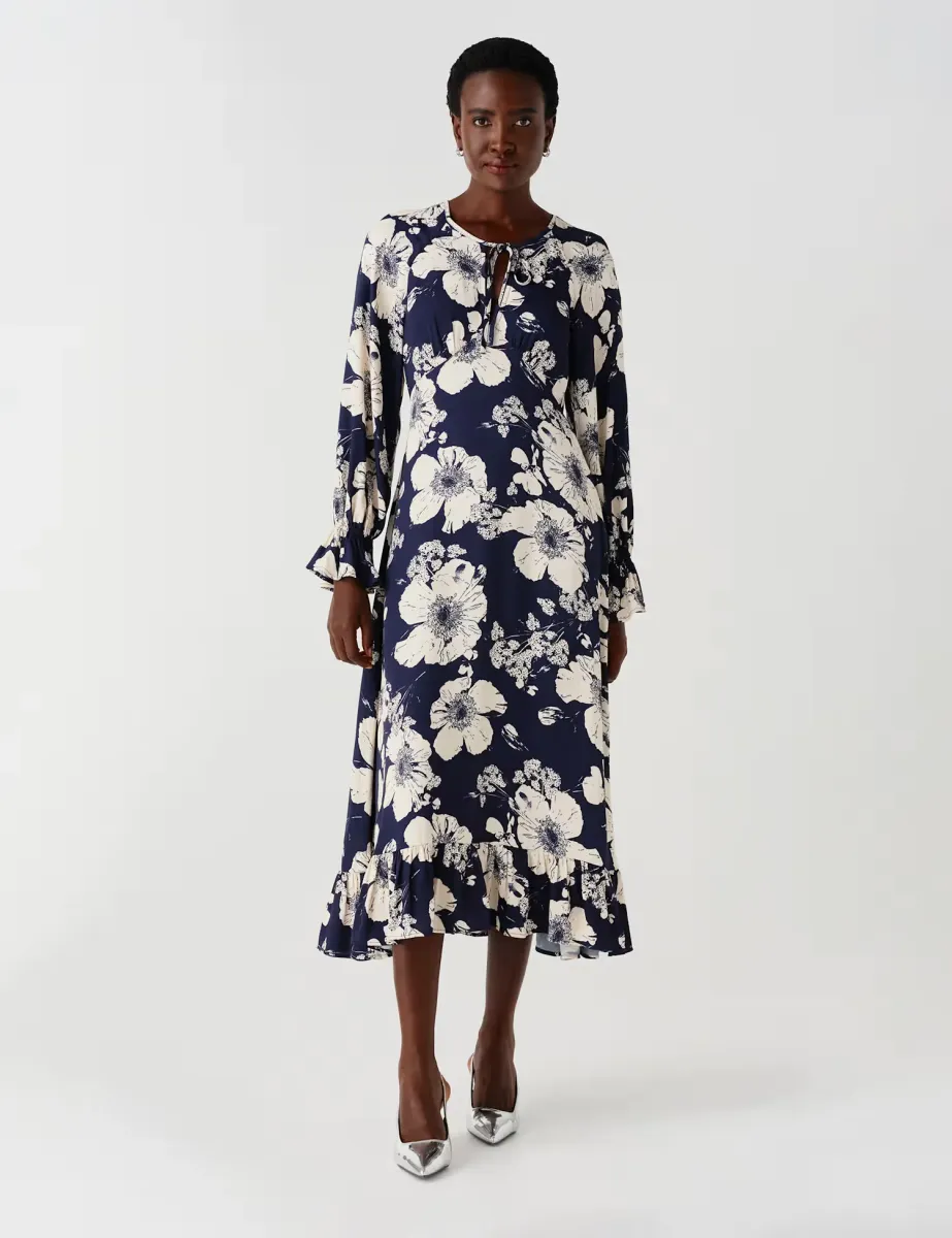 Crepe Floral Keyhole Midi Tea Dress Navy Mix