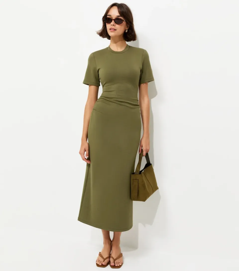 Women's Dark Khaki Ruched Side Short Sleeve Midi Dress