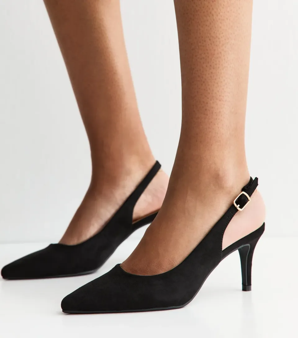 Women's Black Faux Suede Slingback Stiletto Court Shoes Vegan