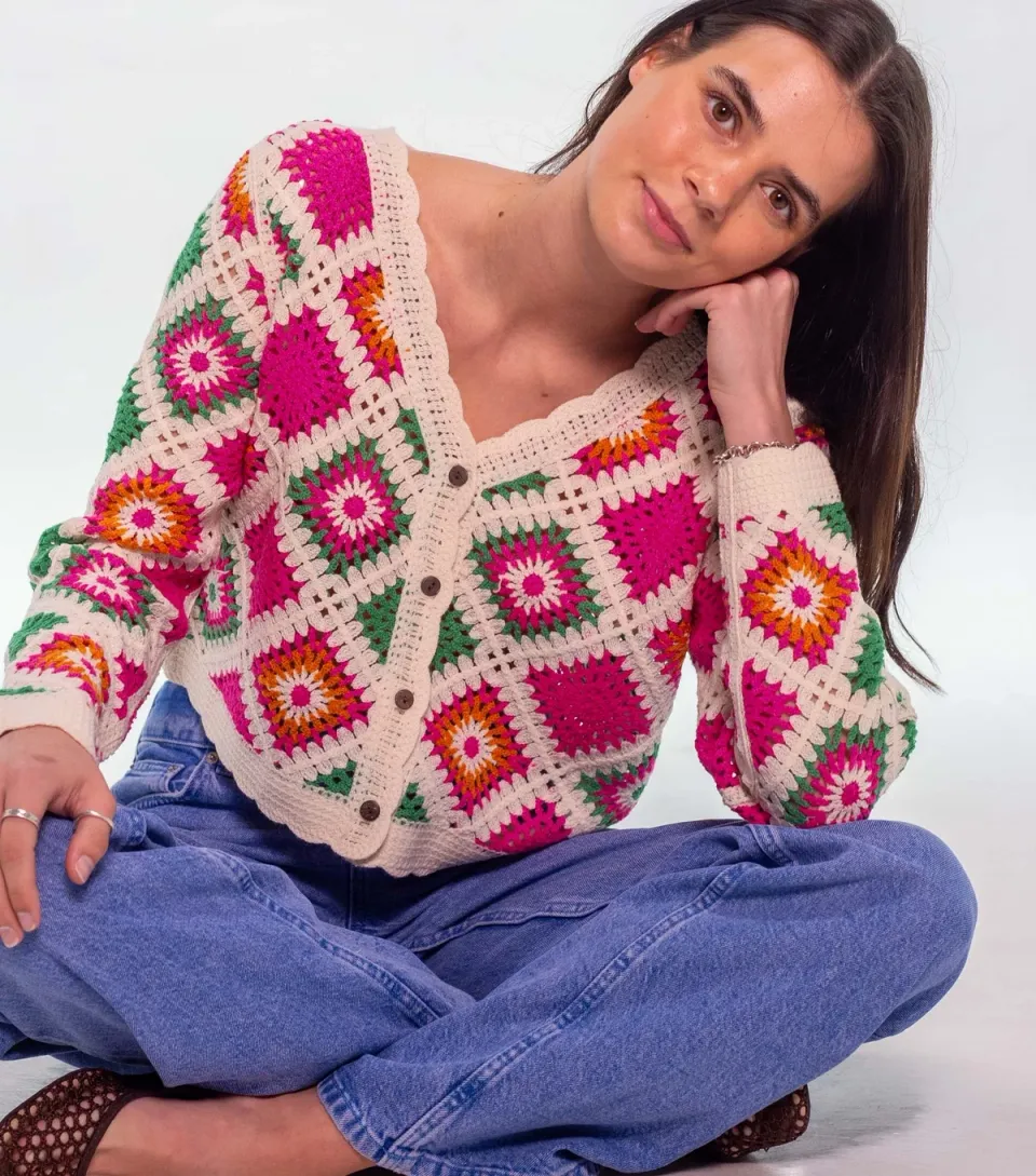 Women's Multicolour Crochet Knit Cardigan