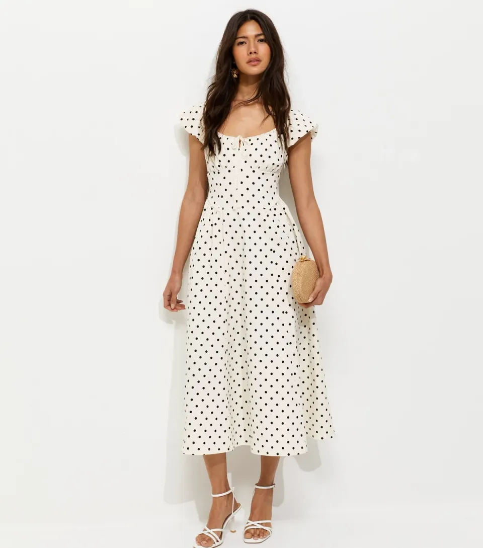 Women's Cream Polka Dot Milkmaid Midi Dress